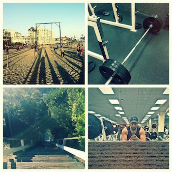Eric training: beach rig, barbell, stairs and gym